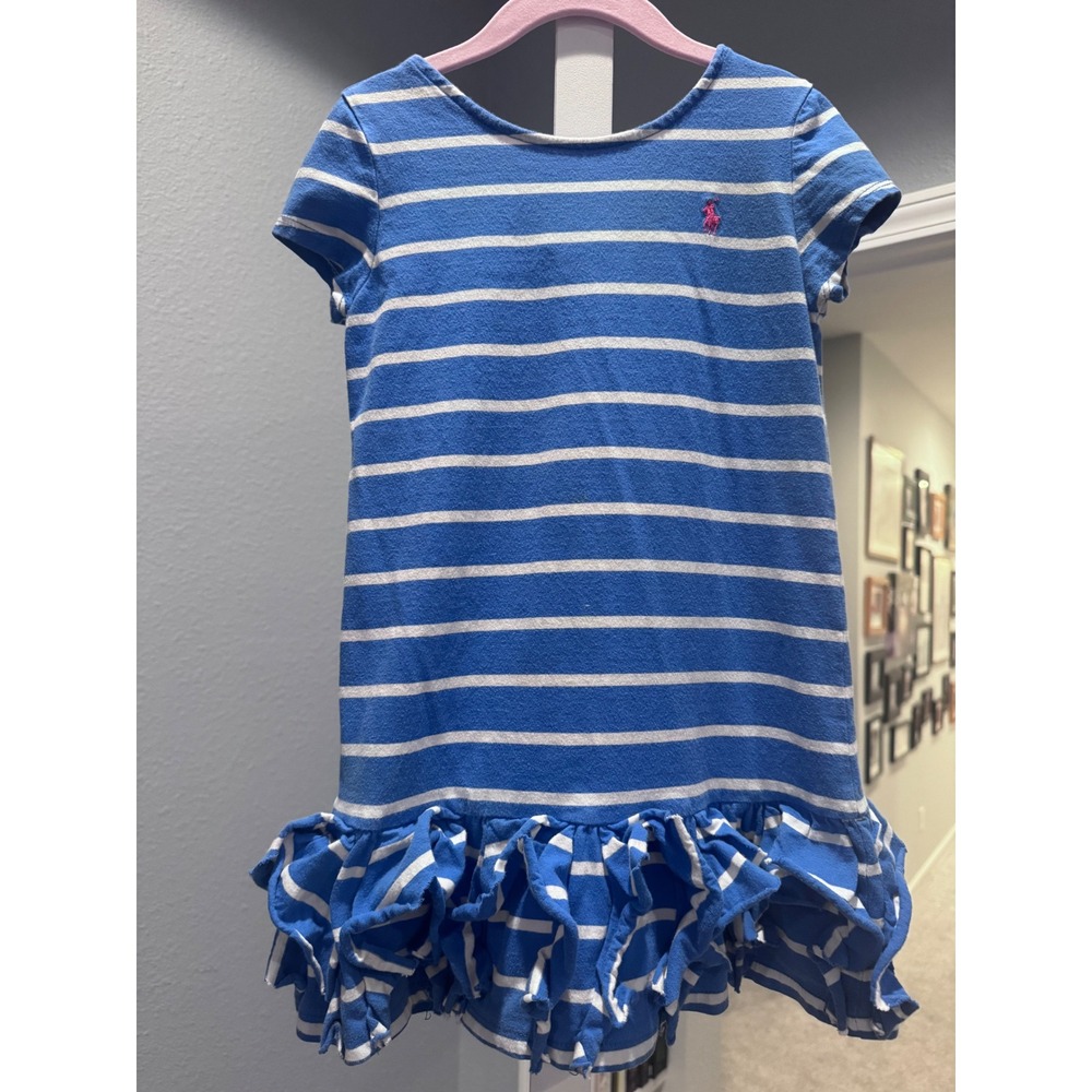 Polo Ralph Lauren Girls Blue White Striped Ruffle Hem Cotton Dress Size 6